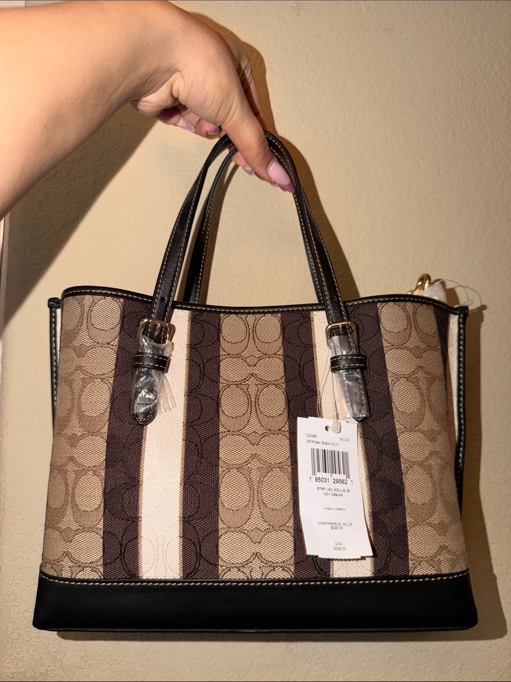 Coach Stripe Signature Tote in Brown and Khaki - Picture 2 of 8